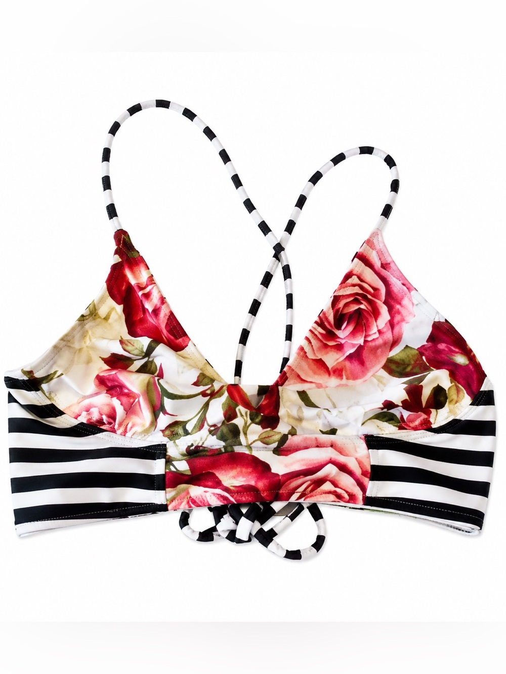 Floral Rose & Stripe Lace-Up Bikini Top Size Small